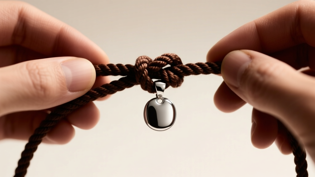 Close-up of hands tying a sliding knot on a dark brown waxed cotton cord with a silver pendant, soft studio lighting.