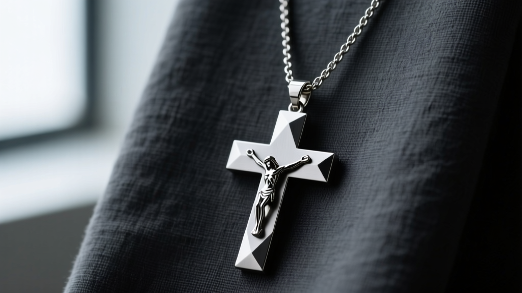 Side profile of a matte Grade 5 titanium crucifix pendant on a 2.0mm stainless steel rope chain against dark grey linen fabric