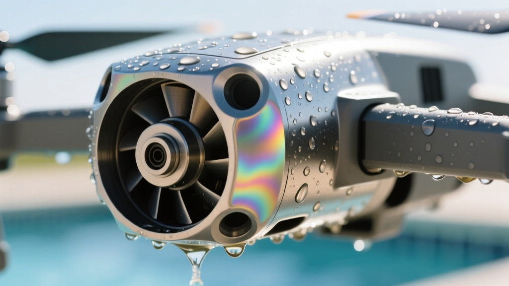 Close-up of a drone motor housing being rinsed with distilled water and treated with anti-corrosion lubricant after poolside flight