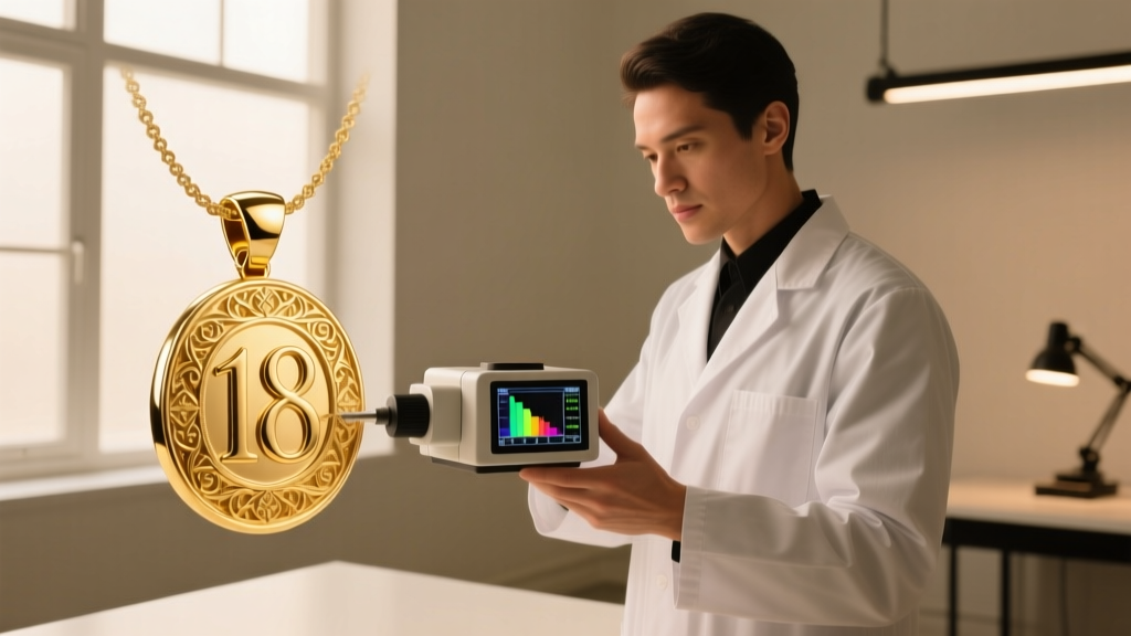 Jeweler holding an X-ray fluorescence analyzer against an 18k gold pendant to accurately test metal purity and exact composition.