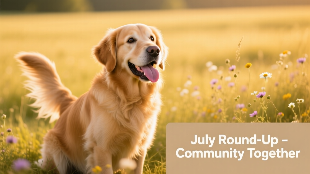 A cheerful golden retriever sitting in a sunlit field, tongue out and tail wagging
