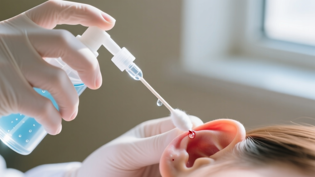 Hands spraying a sterile saline wound wash bottle onto a cotton swab near a pierced ear cartilage in bright natural daylight.