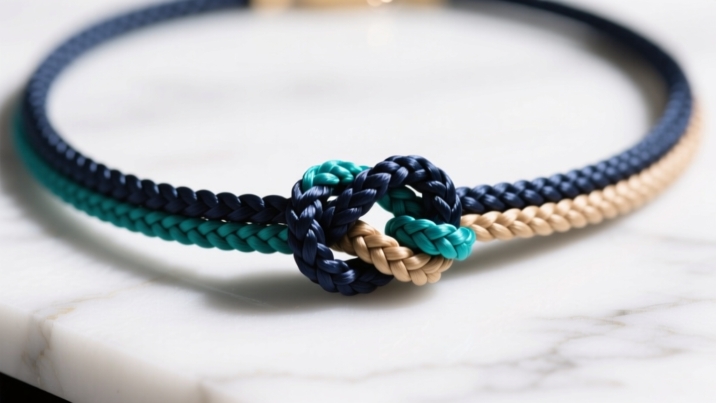Macro shot of a braided nylon cord necklace with a tight sliding square knot, resting on white marble in soft studio lighting.