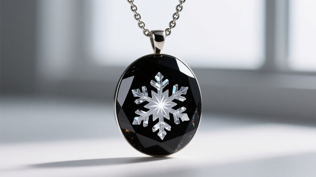 Macro shot of a snowflake obsidian pendant showing white cristobalite inclusions on an oxidized sterling silver rolo chain