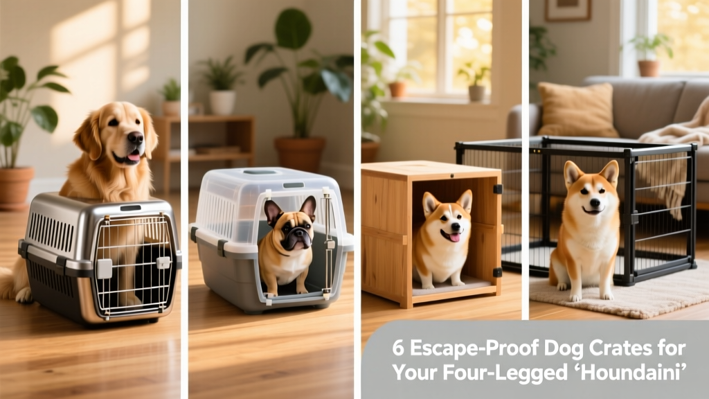Side-by-side comparison of four different FurPetVo crate styles: steel, plastic, wood, and exercise pen—each in use with relaxed dogs