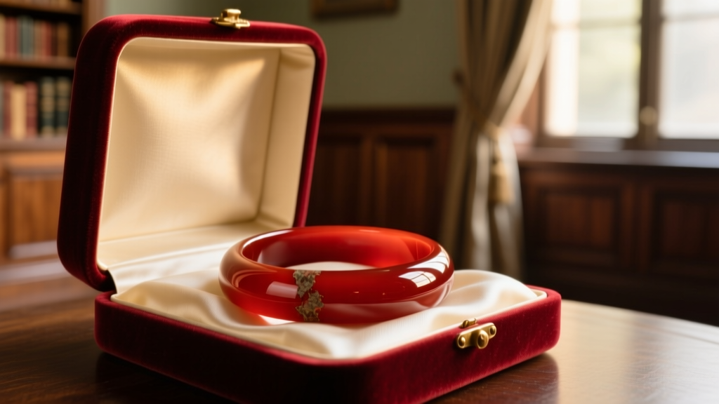 Open velvet box showing a 1930s cherry Bakelite bangle on cream silk tissue paper under warm, inviting ambient room lighting
