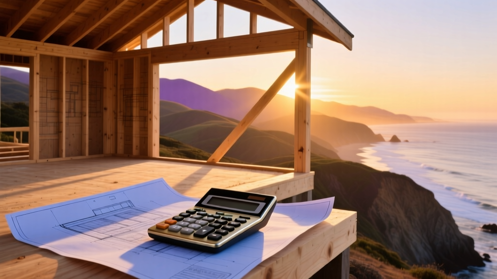 Architectural blueprints and a calculator resting on a partially framed wooden house skeleton overlooking the California coastal hills at sunset