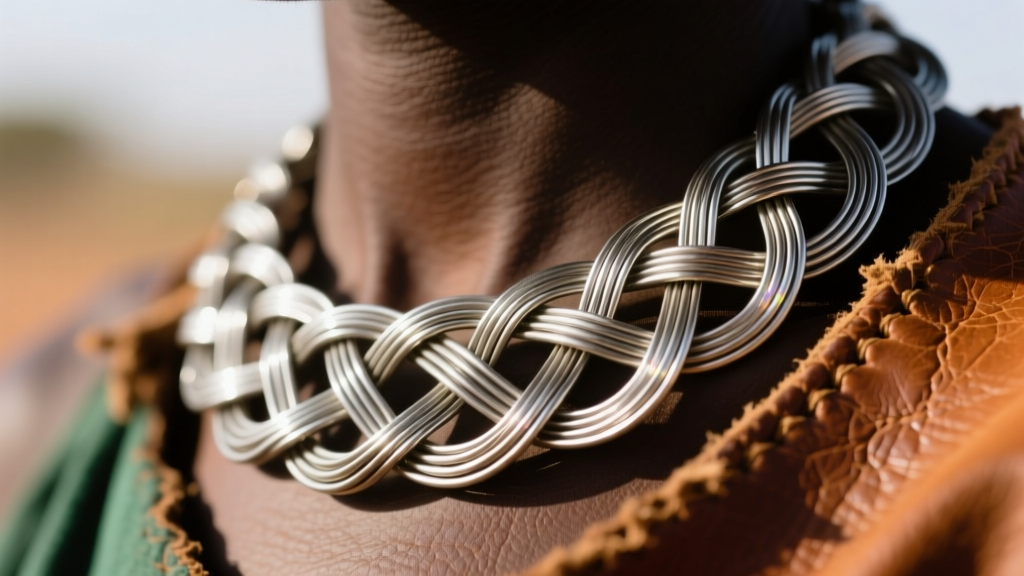 Macro shot of Maasai necklace wirework backing, showing tight galvanized steel wire loops and genuine cowhide leather edging.
