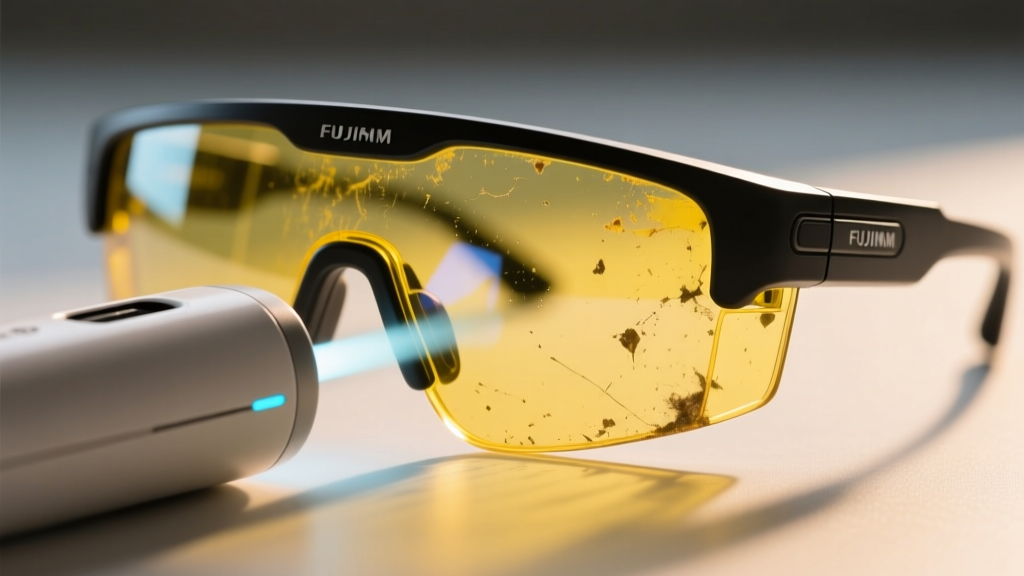 UV-C sanitizing wands on AR smart glasses, showing the risk of polycarbonate lens yellowing and anti-reflective coating degradation.