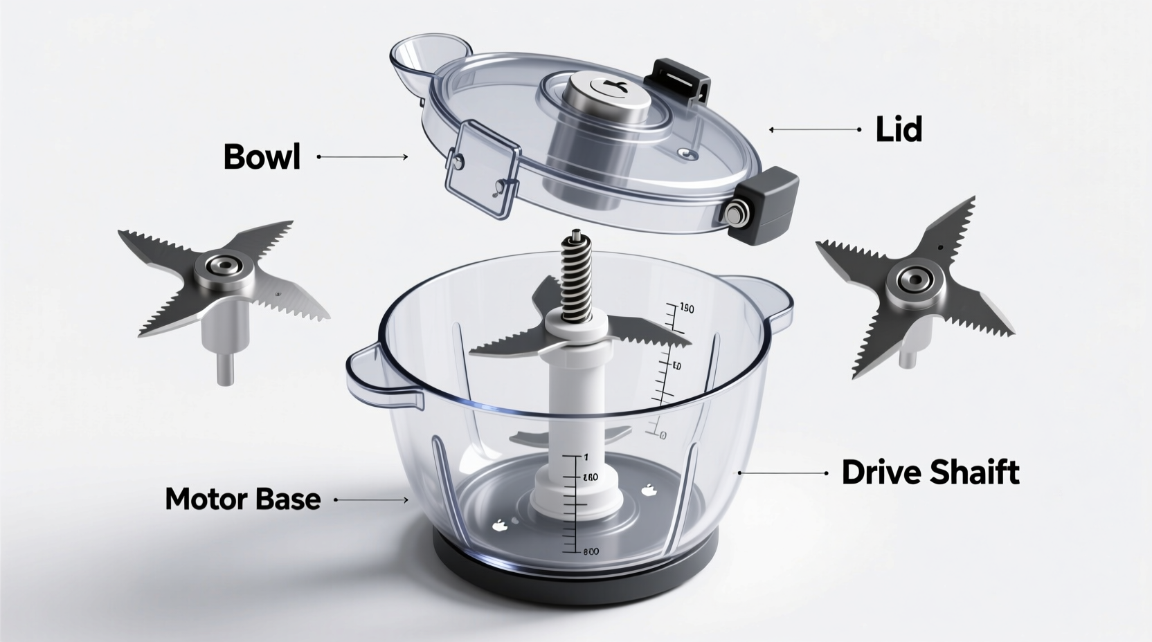 Food processor components diagram showing bowl, lid, and blades