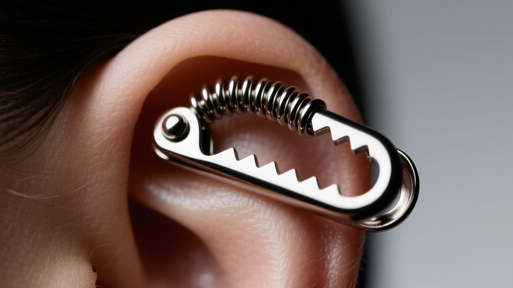Macro of a titanium roach clip earring on ear cartilage, detailing the spring coil and serrated jaw edges in moody studio light