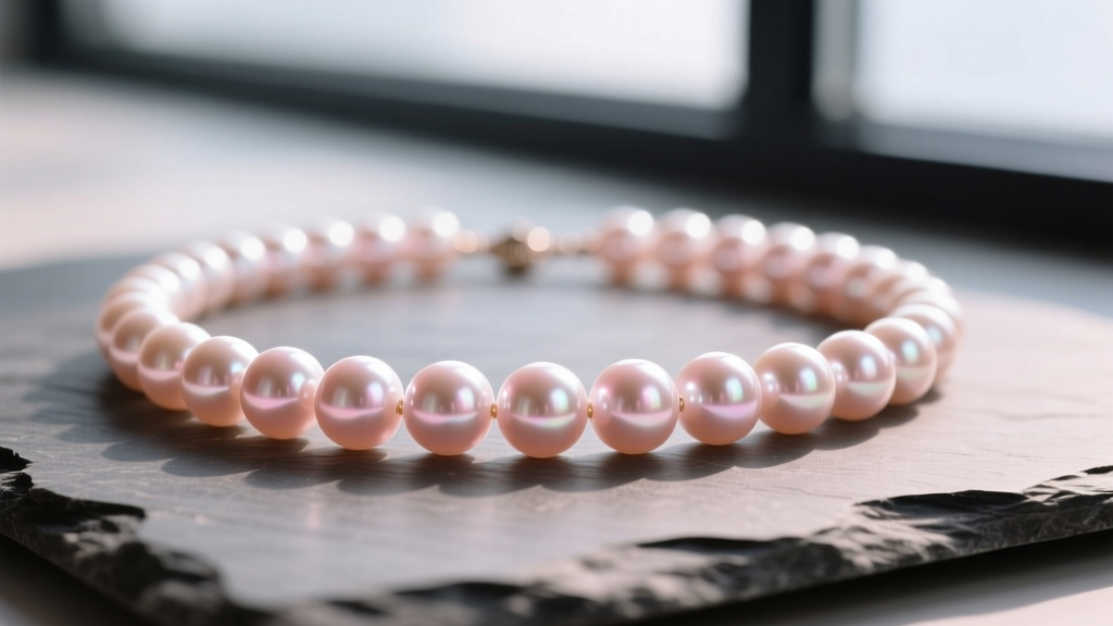 Close-up of an AAA freshwater pearls necklace on slate, showing intense mirror luster, rose overtones, and round shapes.
