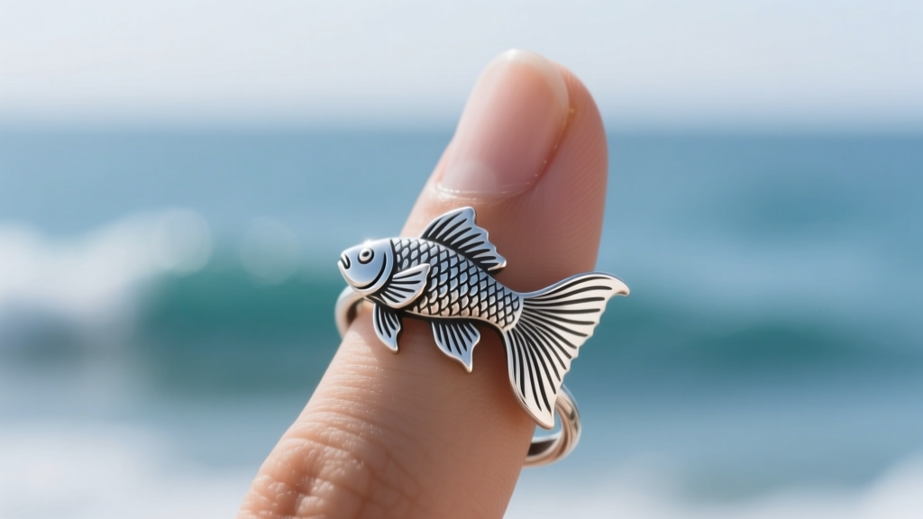 Side profile of a 20-gauge sterling silver betta fish cartilage cuff on an upper helix, set against a blurred ocean background