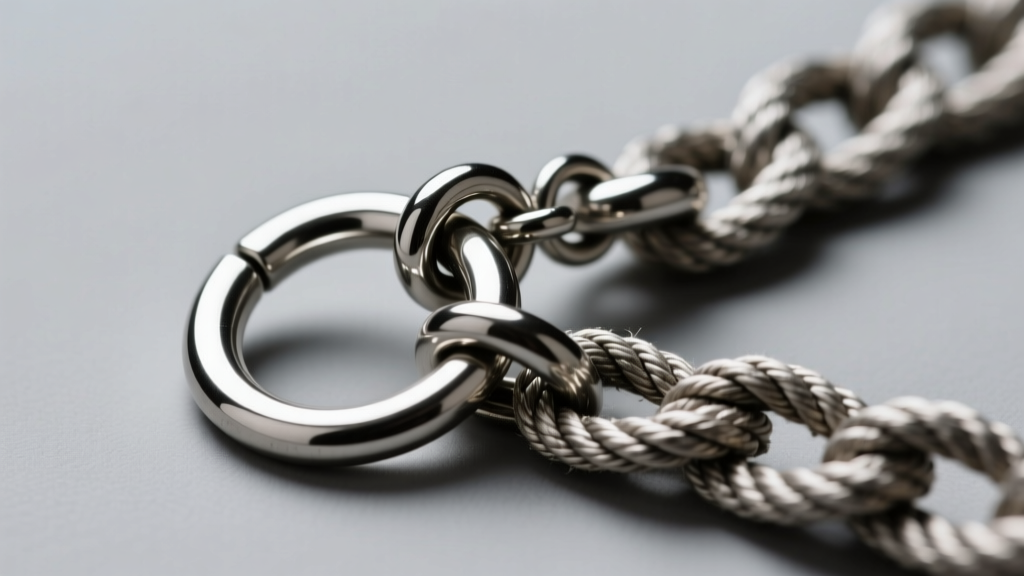 Heavy-duty 16-gauge stainless steel jump ring and lobster clasp connecting to a thick rope chain for a heavy cosplay pendant.