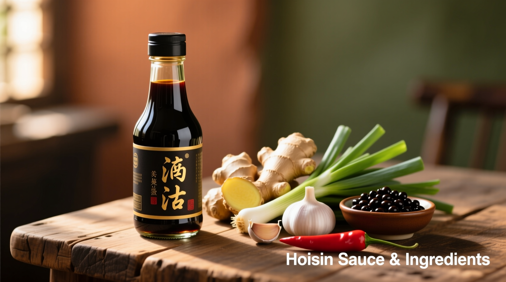 Hoisin sauce bottle next to ingredients