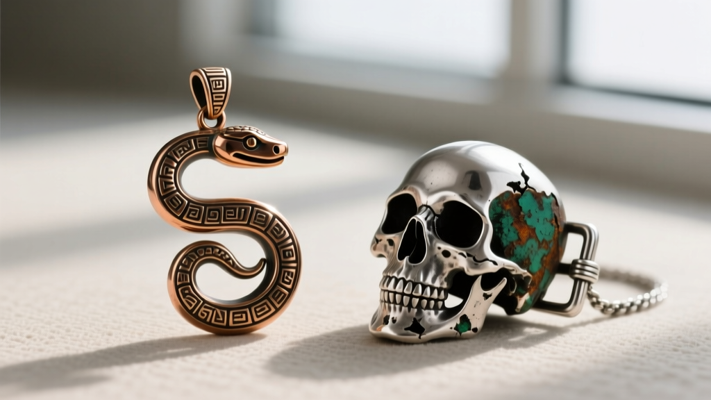 Macro comparison of a polished bronze Aztec serpent pendant and a heavily oxidized 925 silver skull necklace clasp.