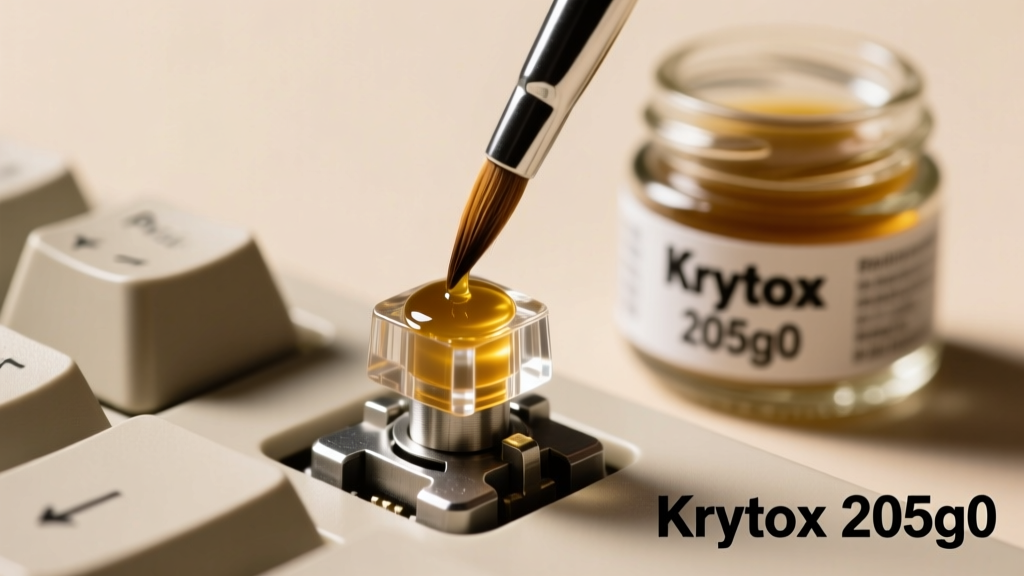 Macro shot of a mechanical keyboard switch stem being lubricated with a size 00 brush next to a small glass jar of Krytox 205g0 grease.