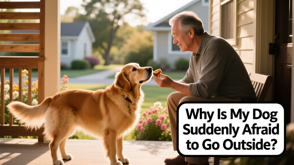 A person calmly sitting beside their dog on the porch, offering a treat while the dog sniffs the air with relaxed body language