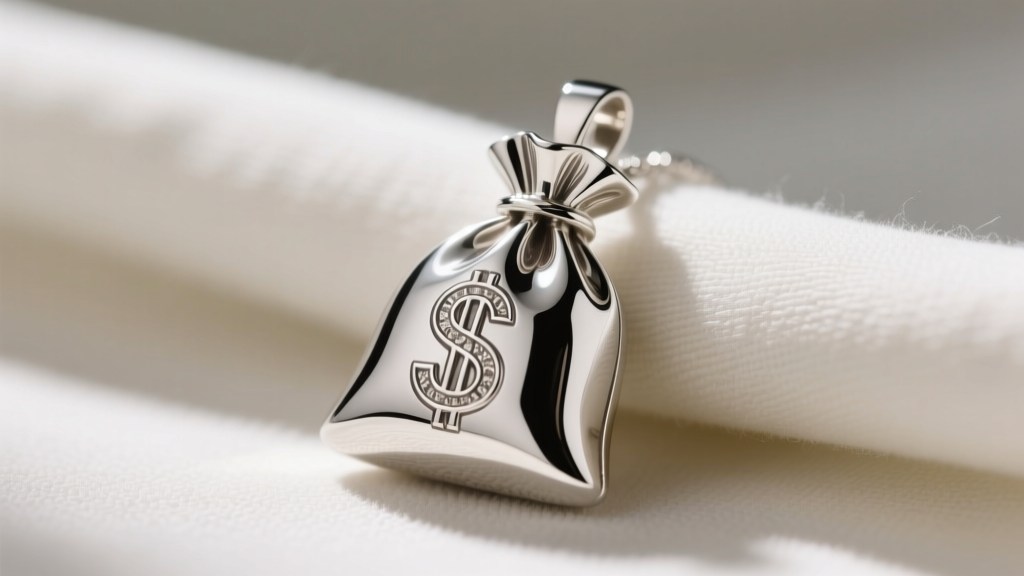 Sterling silver money-bag pendant on a microfiber cloth, displaying bright reflections and intricate engraved dollar-sign details.