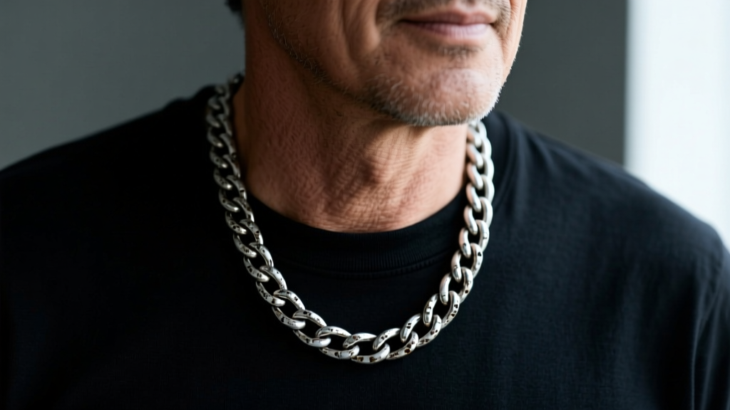 Close-up of a man wearing a 20-inch oxidized silver Cuban link chain resting just below the collarbone against a dark t-shirt