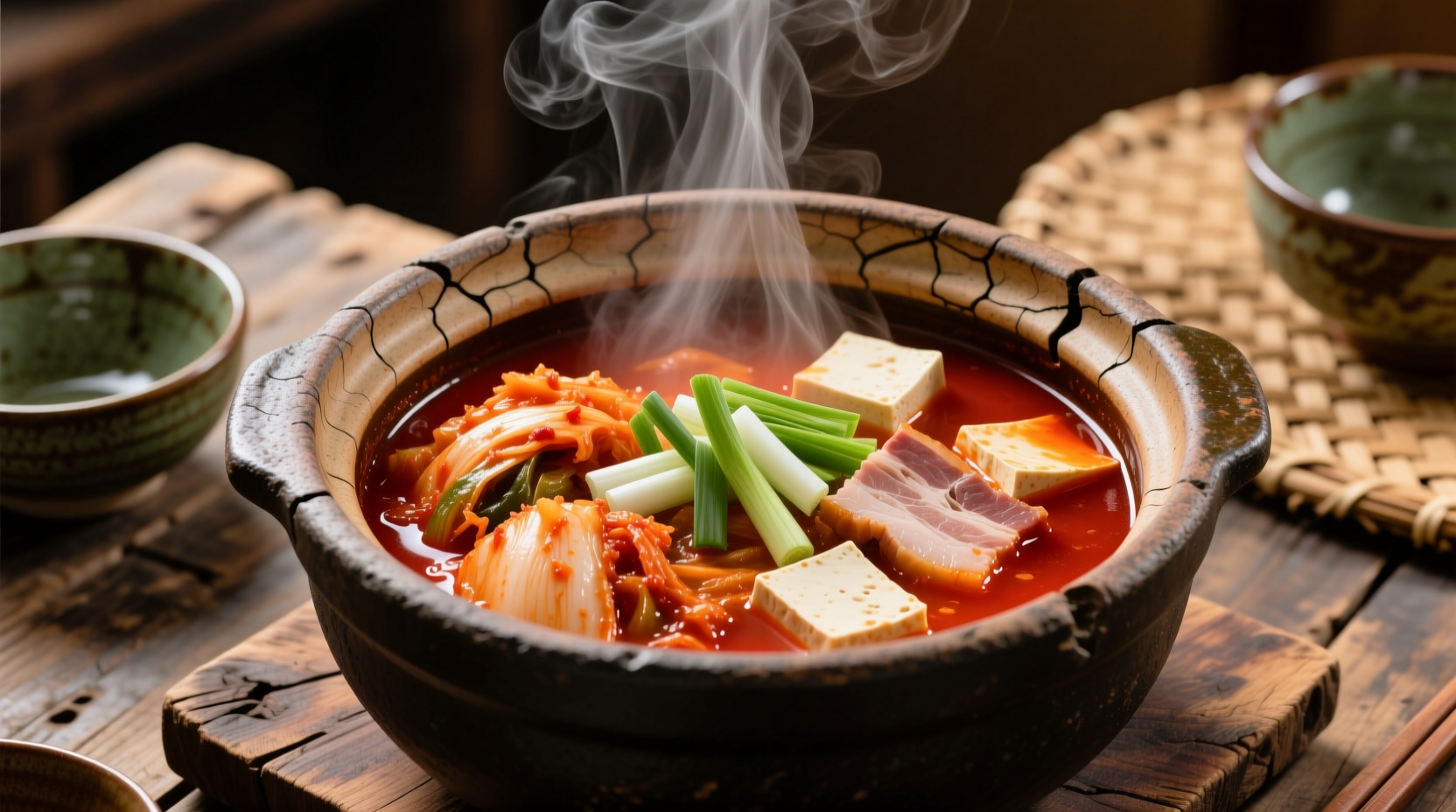 Kimchi chigae in traditional Korean stone pot