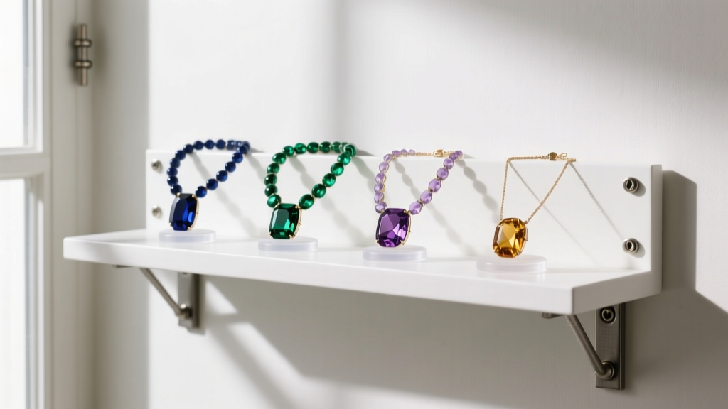 IKEA MOSSLANDA white ledge displaying heavy gemstone necklaces, secured to drywall with metal toggle bolts and clear silicone pads