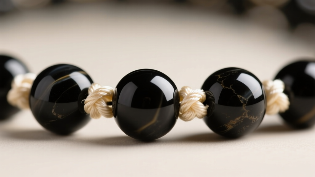 Close-up of a delicate cream silk cord threaded through small onyx rosary beads, highlighting the micro-knots between each stone.