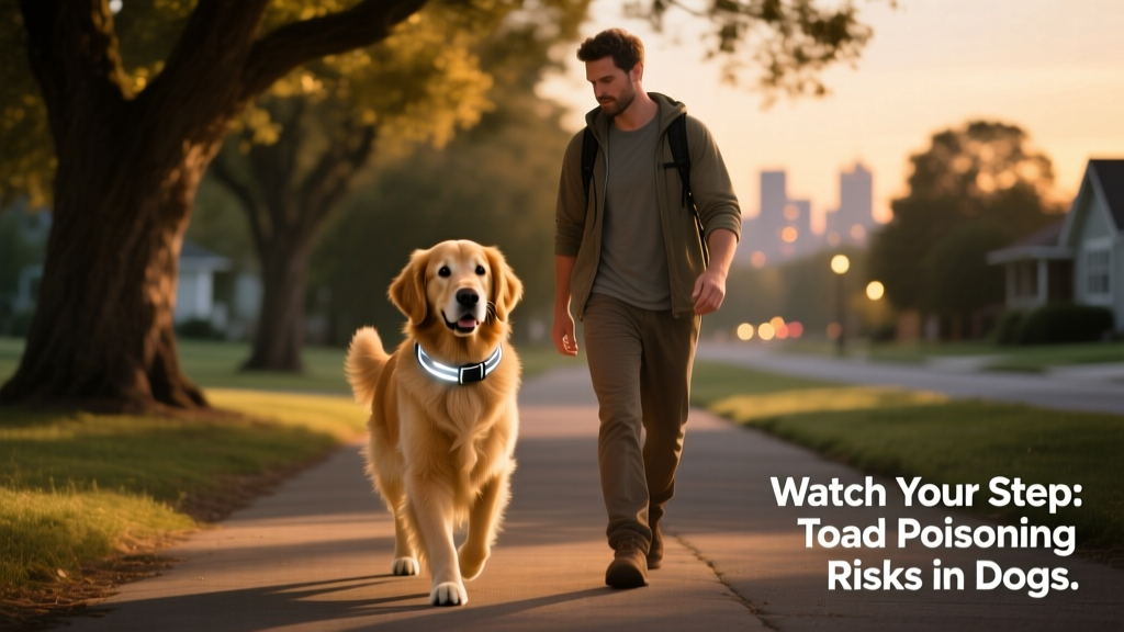 Dog wearing a reflective collar walking safely beside its owner on a shaded evening path