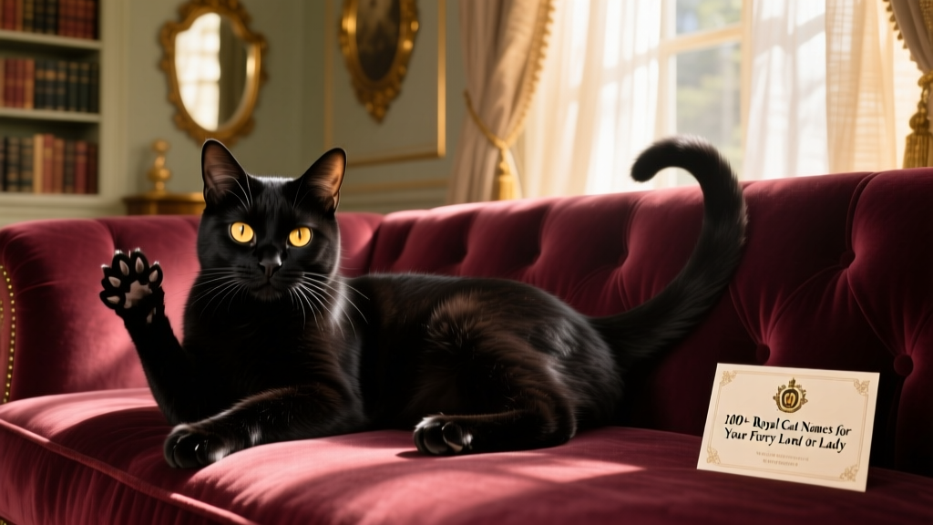 A sleek black cat lounging regally on a plush sofa, one paw delicately raised