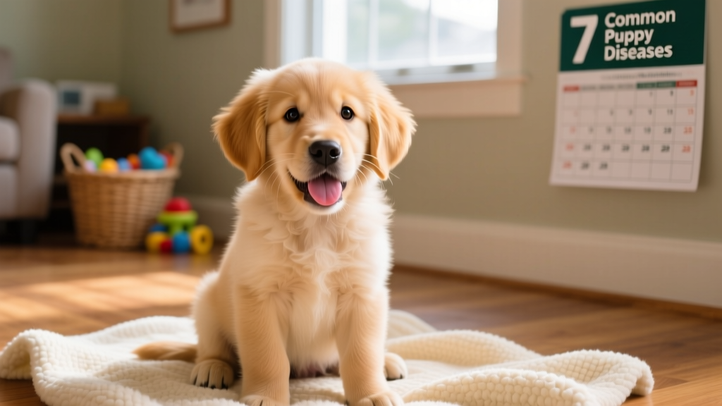Close-up of a healthy, playful 8-week-old puppy sitting on a soft blanket