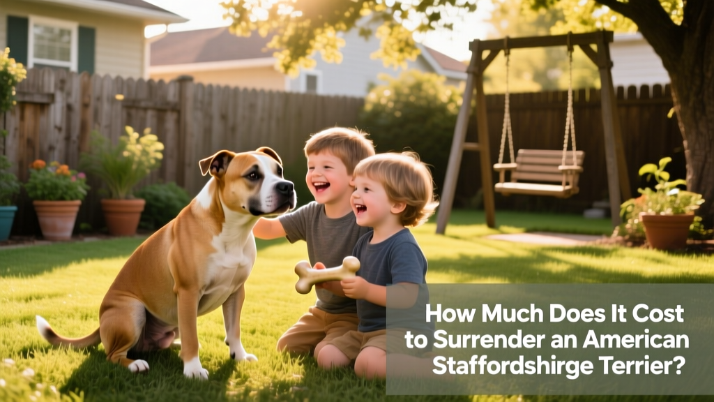 An American Staffordshire Terrier playing gently with children in a sunlit backyard, illustrating a successful, joyful rehoming outcome