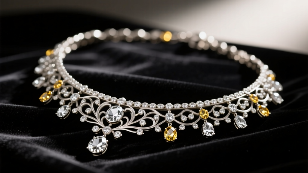 Close-up of an ornate 19th-century silver and paste diamond riviere necklace resting on dark velvet under dramatic spotlighting.