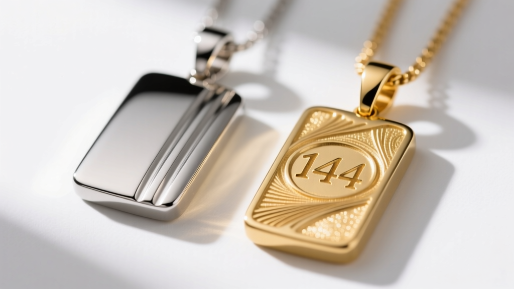 Macro close-up comparing PVD stainless steel and solid 14k gold definition pendants, showing laser engraving depth differences