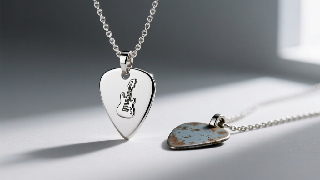 High-quality 925 silver guitar pick necklace next to a tarnished zinc alloy imitation on a neutral background