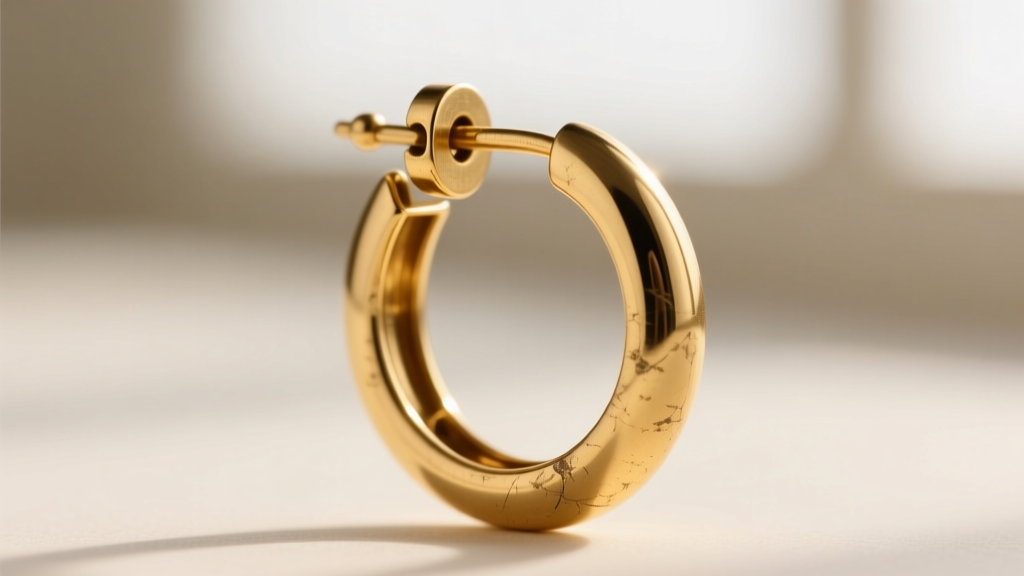 Macro shot of a vintage 14k gold hoop earring post and snap clasp, showing slight wear on the locking mechanism under bright light