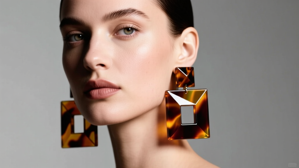 Model wearing chunky translucent tortoiseshell cellulose acetate block earrings under studio lighting, high fashion editorial