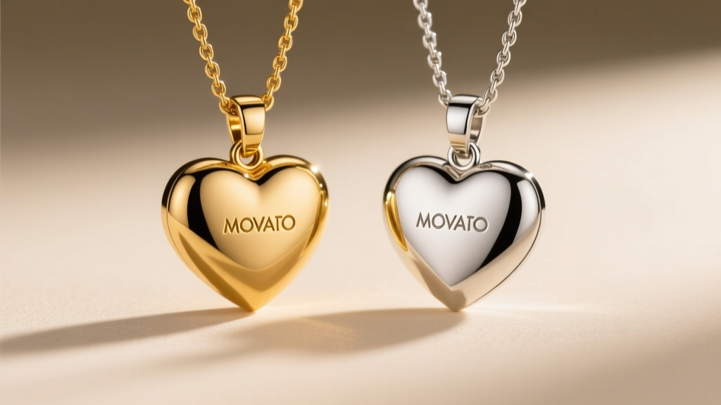 Macro shot comparing a gold PVD plated Movado heart pendant and a sterling silver version side by side under warm studio light.