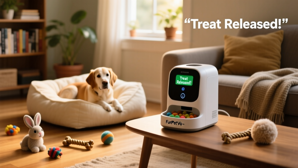 A cozy indoor setup with a soft dog bed, a few scattered toys, and a FurPetVo-branded interactive treat dispenser nearby