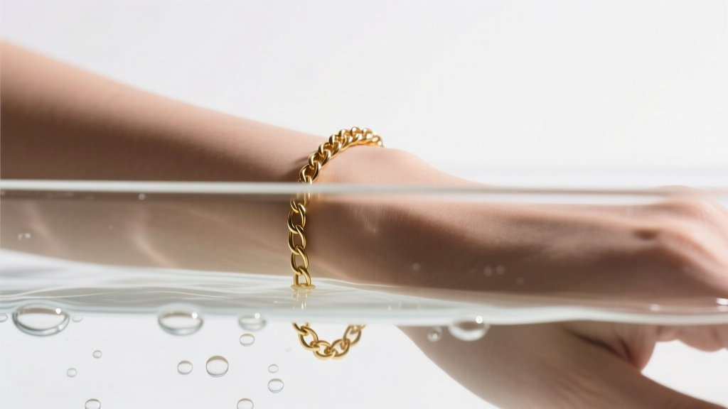 Wrist wearing a delicate 14k gold permanent chain, submerged in an ultrasonic cleaning bath with mild bubbles and soft studio light.