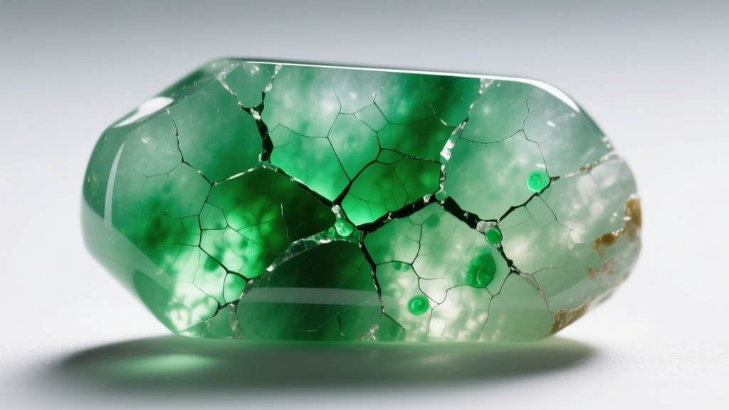 Macro photography of dyed Type C jadeite showing concentrated green dye pooling in microscopic surface fractures.