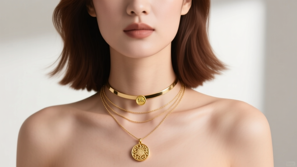 Woman wearing a layered necklace stack with a small 14k gold medallion on a choker and a larger medallion on a princess chain.