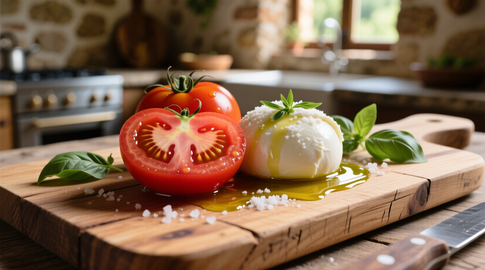 Fresh tomato and mozzarella appetizer on wooden board