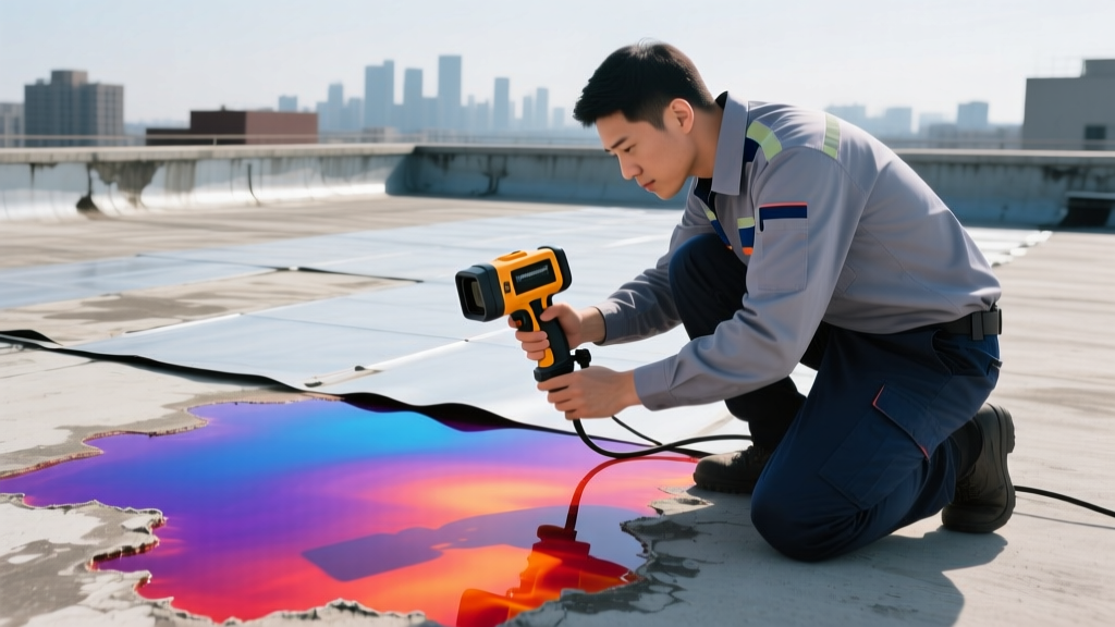 Technician using thermal camera to detect moisture trapped beneath failing polyurethane waterproofing membrane on concrete roof