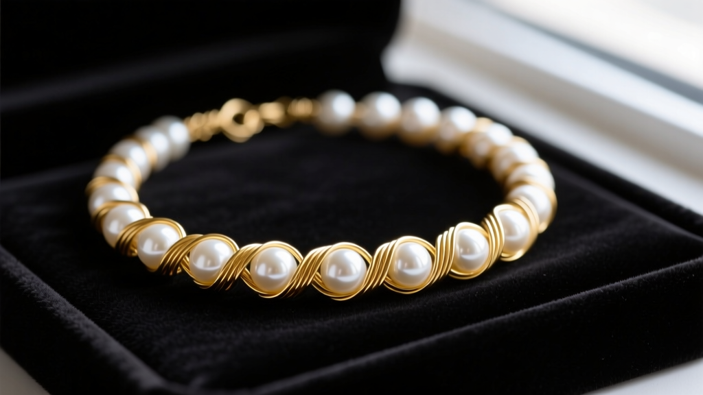 Close-up of a 24-gauge gold wire-wrapped pearl rosary necklace draped on dark velvet, highlighting the individual wrapped loops.