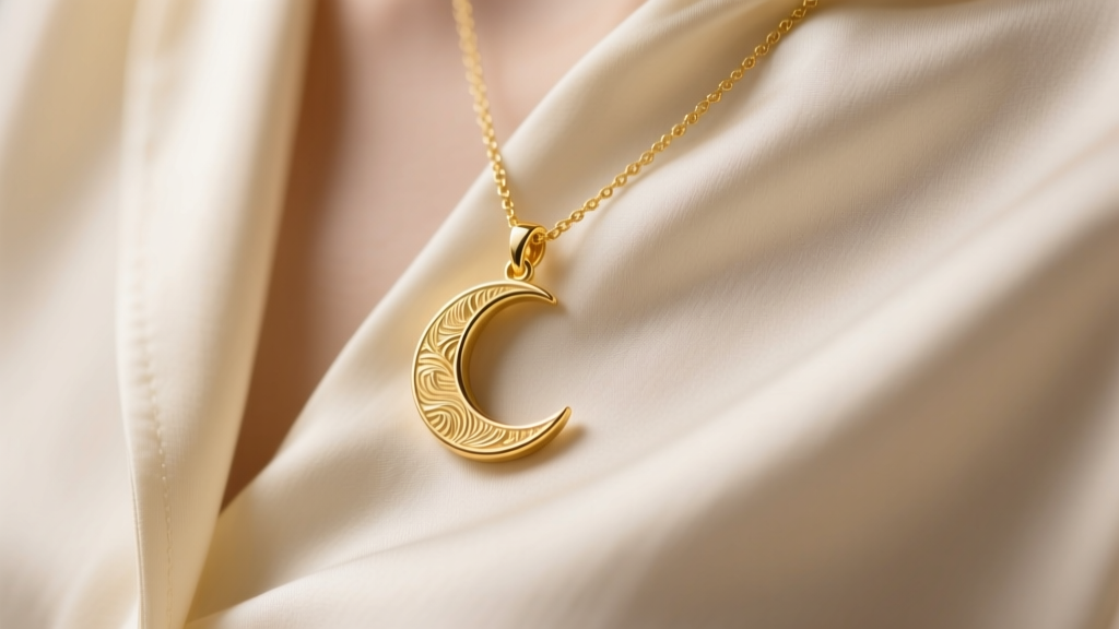 Close-up of a textured 18k yellow gold necklace with crescent moon pendant resting on a silk blouse, soft studio lighting