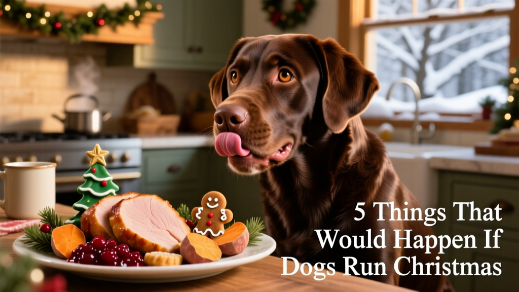 A chocolate Labrador licking his lips, looking eagerly at a festive plate of food