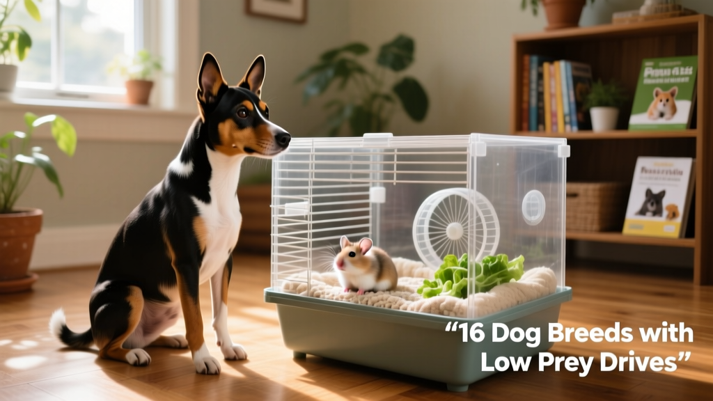 A Basenji sitting calmly beside a hamster cage, head tilted curiously
