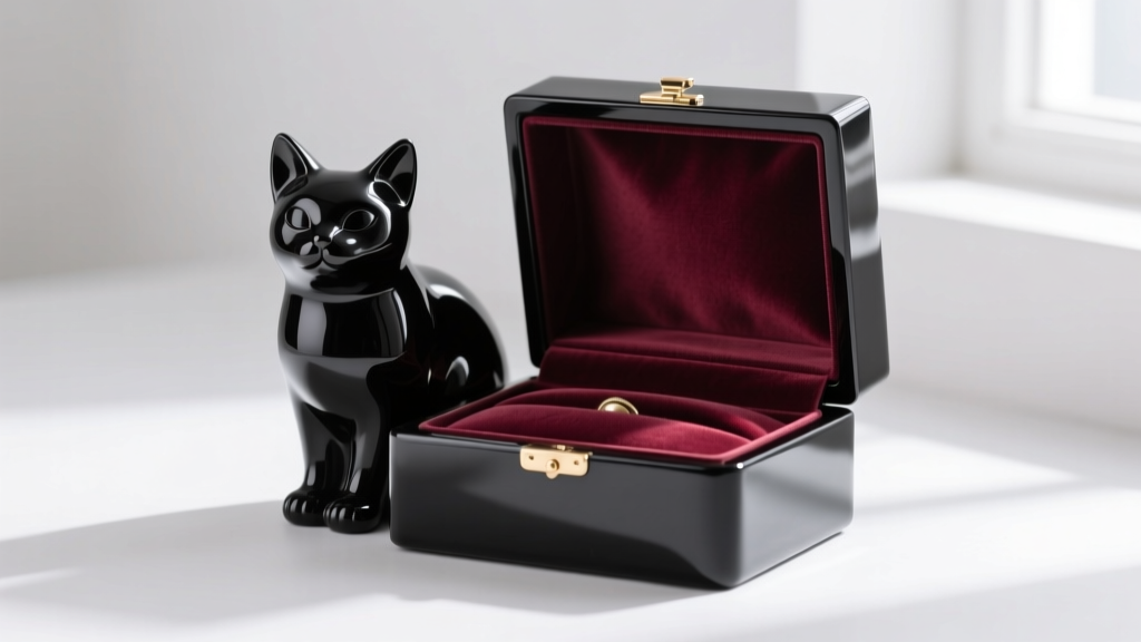 Glossy polyresin black cat figurine jewelry box with open lid, revealing plush burgundy anti-tarnish fabric interior lining.