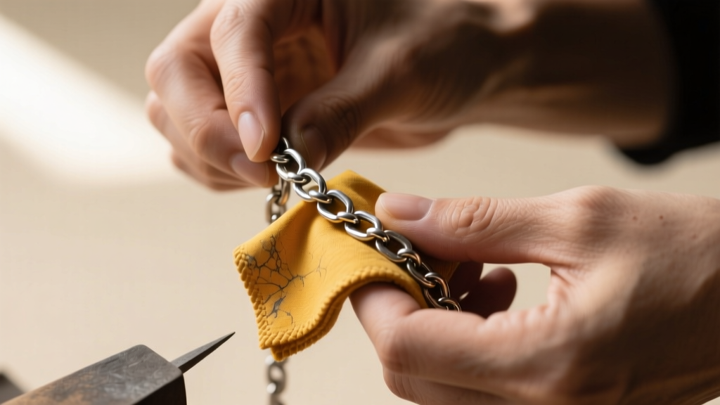 Hands gently rubbing a tarnished sterling silver chain with a yellow jeweler's rouge polishing cloth on a dark wooden desk