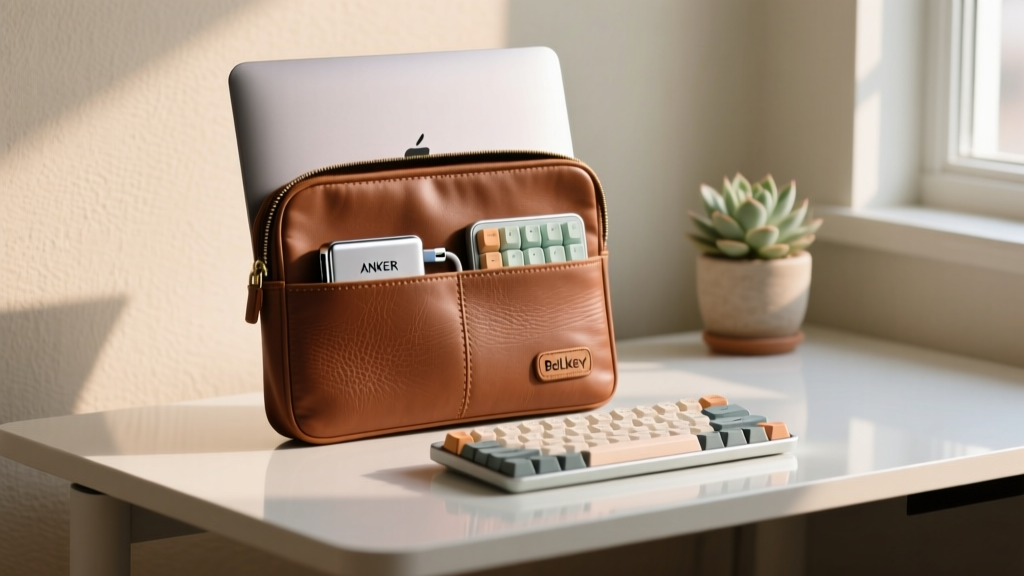 A premium Bellroy leather laptop sleeve partially unzipped on a standing desk, revealing a compact Anker USB-C hub and a mechanical keyboard macro pad tucked inside the front pocket.